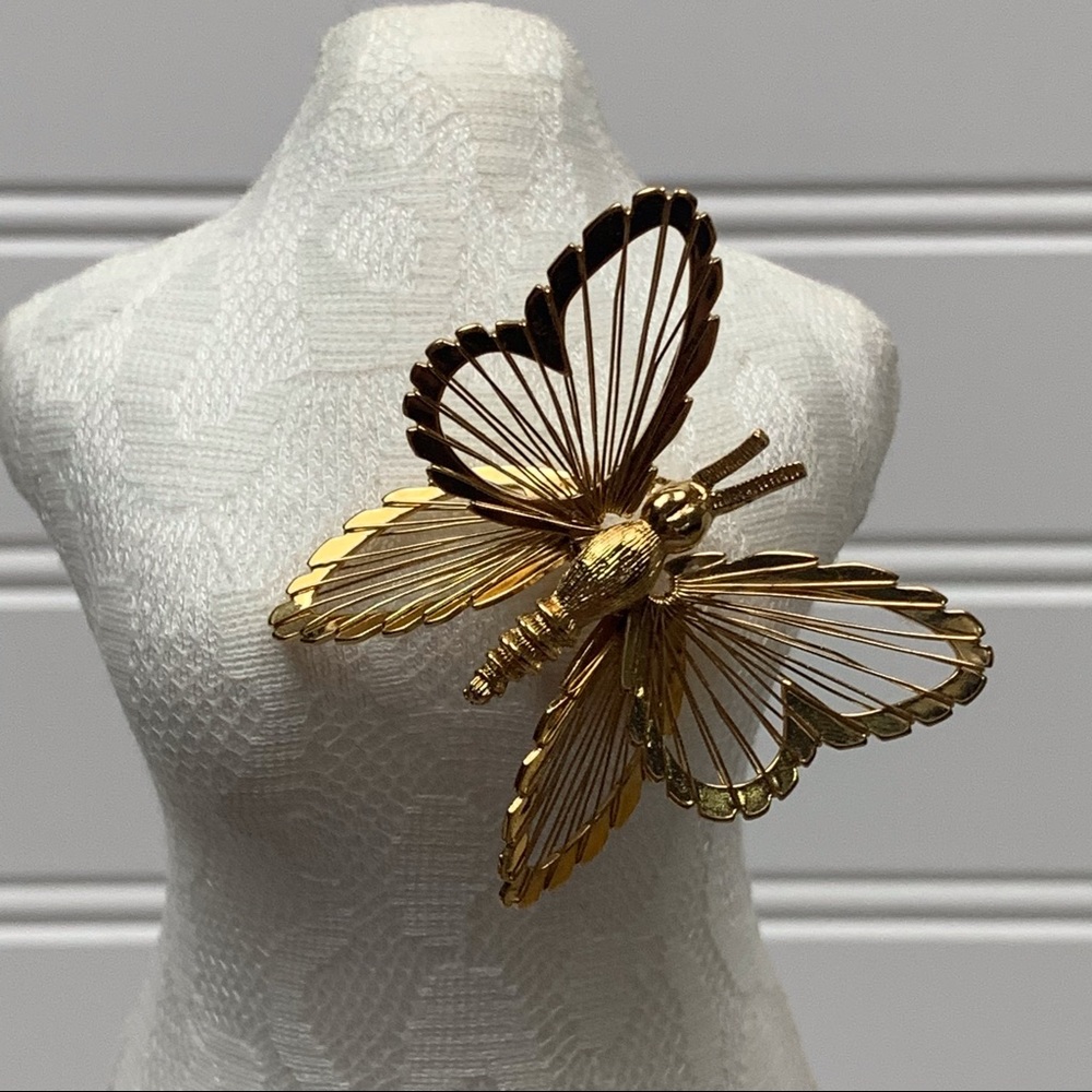 Vintage Monet Openwork Butterfly Brooch Gold Tone